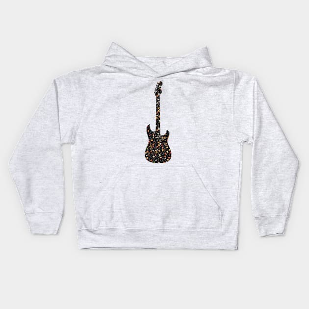 Guitar Silhouette Filled with Guitars on Black Kids Hoodie by gkillerb